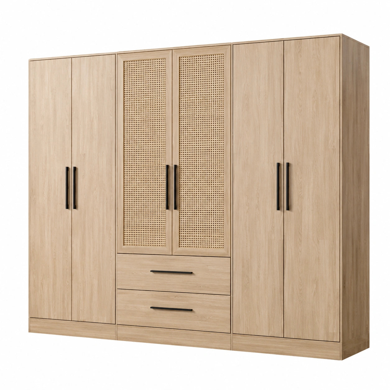 Armadio in legno con ante in rattan e maniglie nere