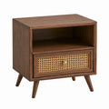 Comodino in Legno con Cassetto in Rattan e Scomparto Aperto Noce