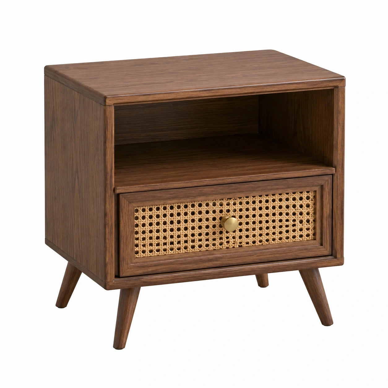 Comodino in Legno con Cassetto in Rattan e Scomparto Aperto Noce