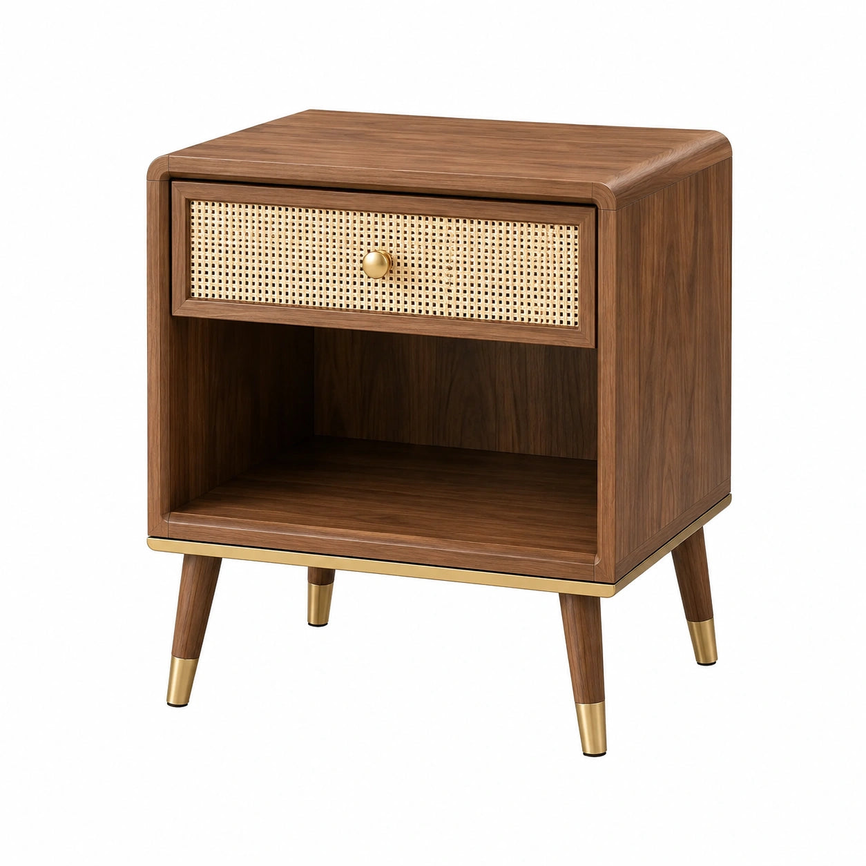 Comodino in Legno di Noce e Rattan con Dettagli Dorati