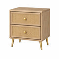 Comodino in Legno con Cassetti in Rattan e Gambe in Metallo Dorato