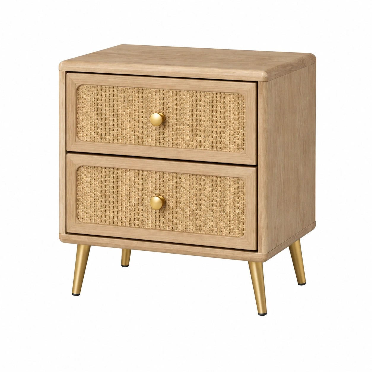 Comodino in Legno con Cassetti in Rattan e Gambe in Metallo Dorato