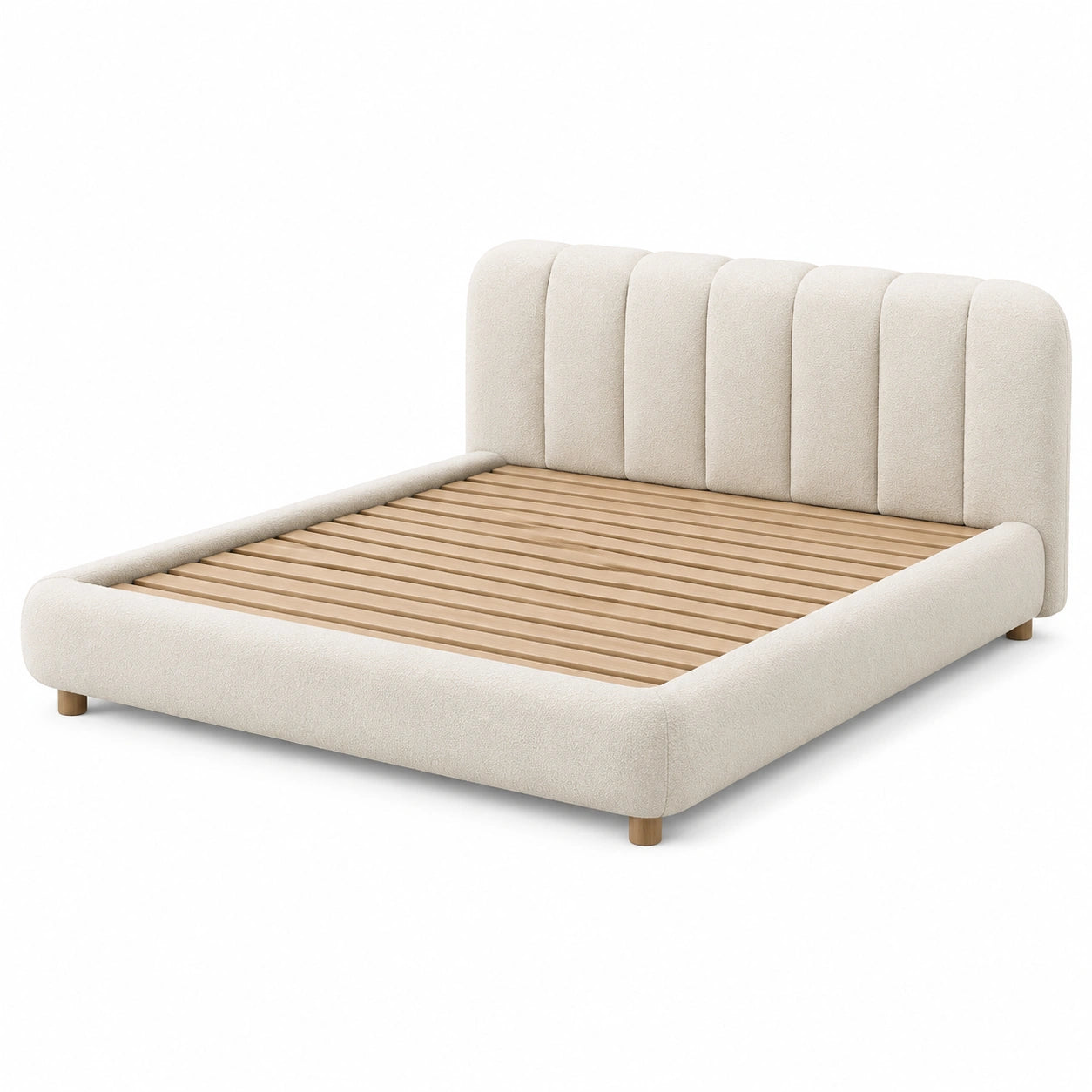 Letto matrimoniale in tessuto beige con doghe in legno massello