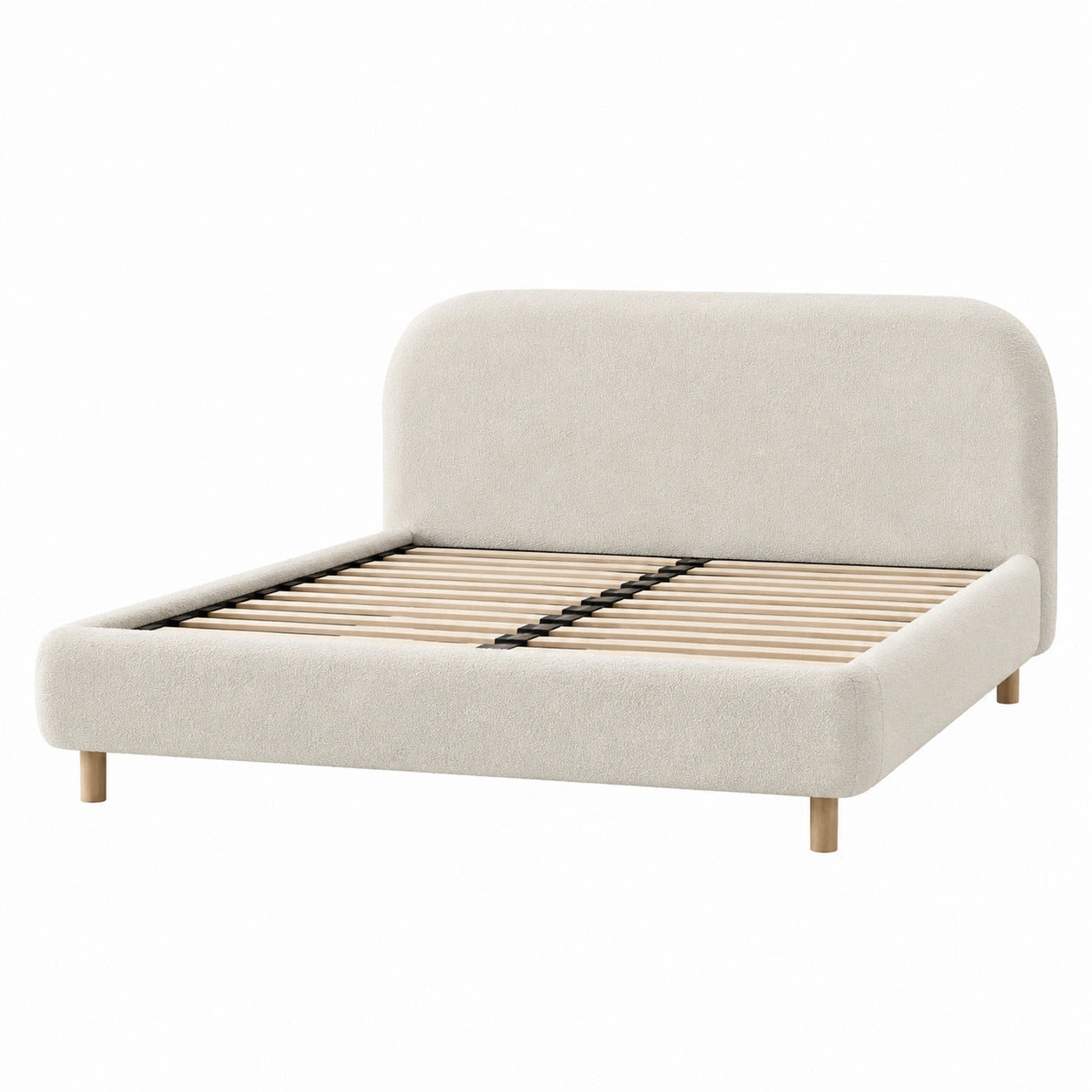 Letto matrimoniale in legno con rivestimento in tessuto beige