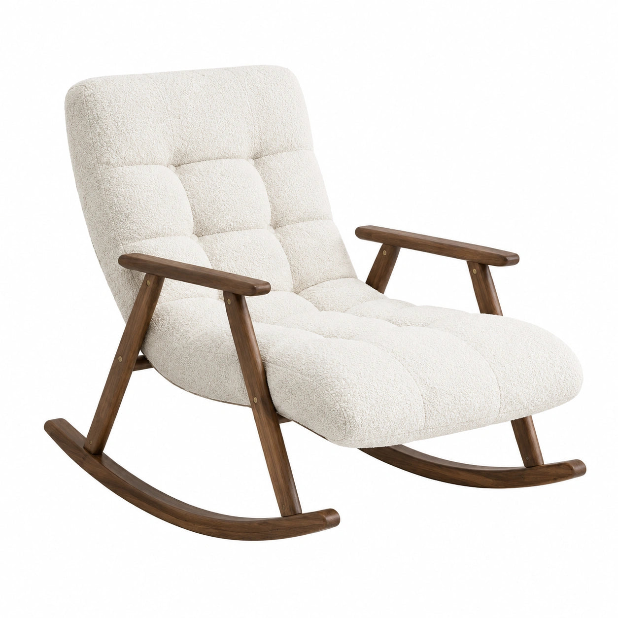 Sedia a dondolo in legno e tessuto bouclé bianco