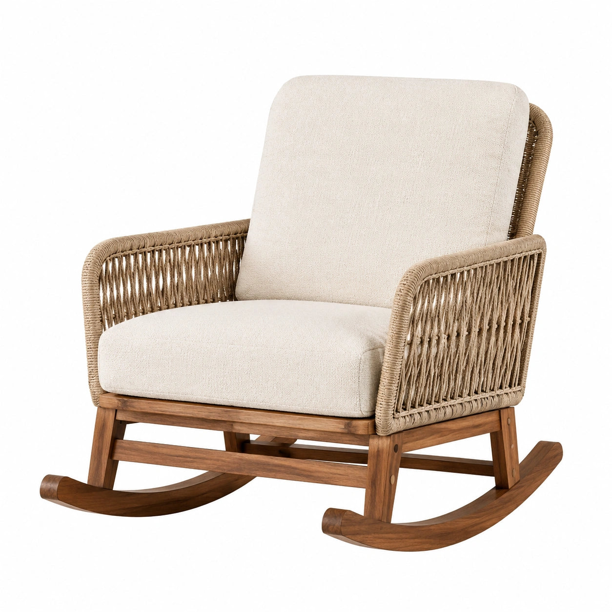 Sedia a dondolo in legno e rattan tessuto beige