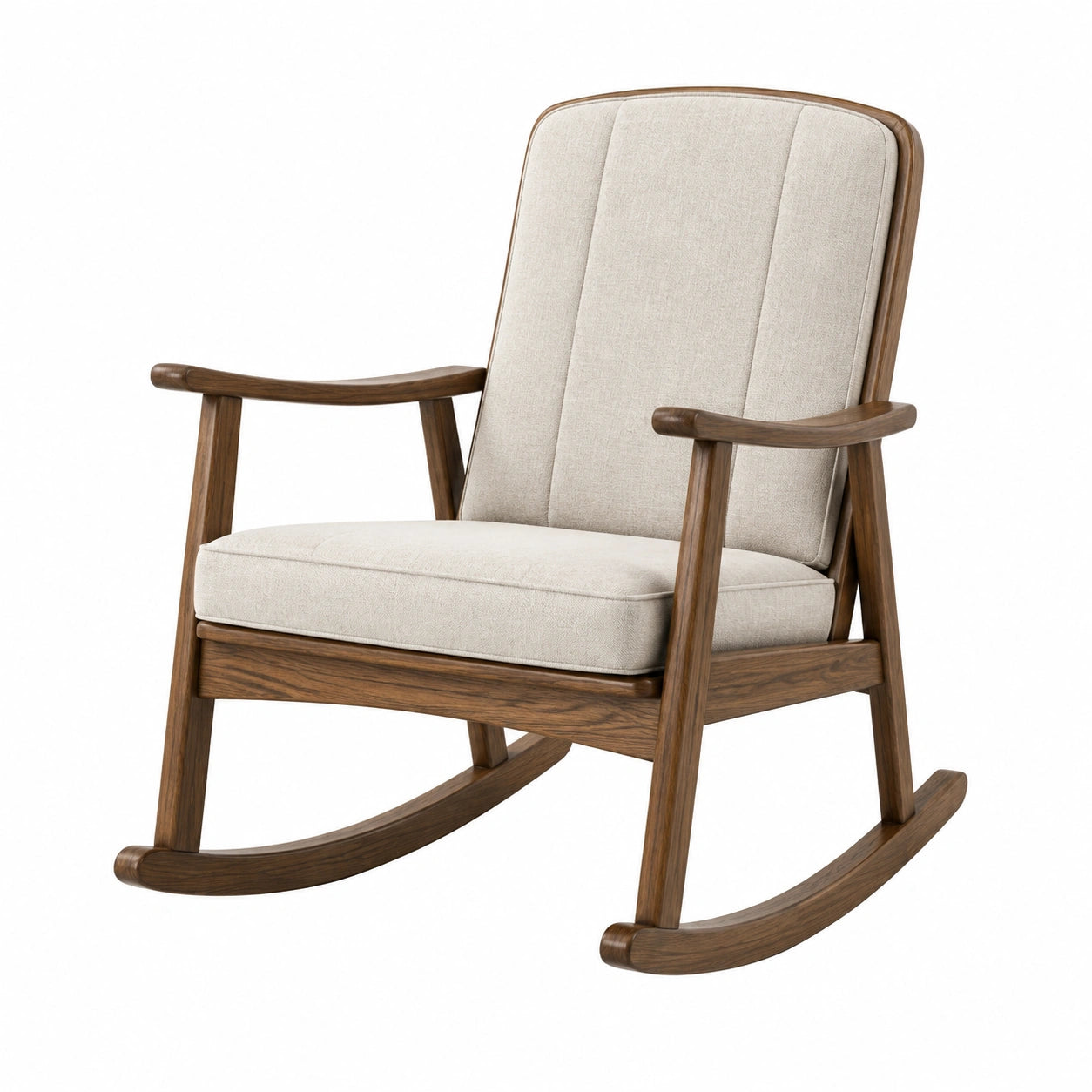Sedia a dondolo in legno e tessuto beige con imbottitura